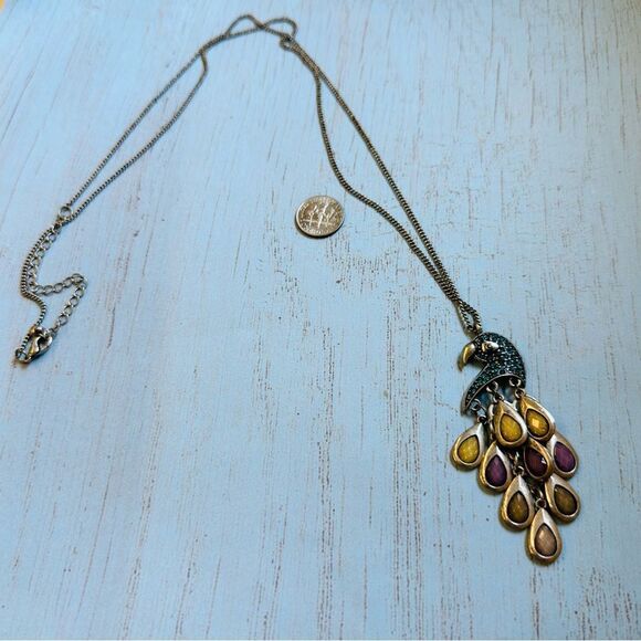 Silver Blue Purple Yellow Articulated Parrot Necklace - Picture 1 of 2